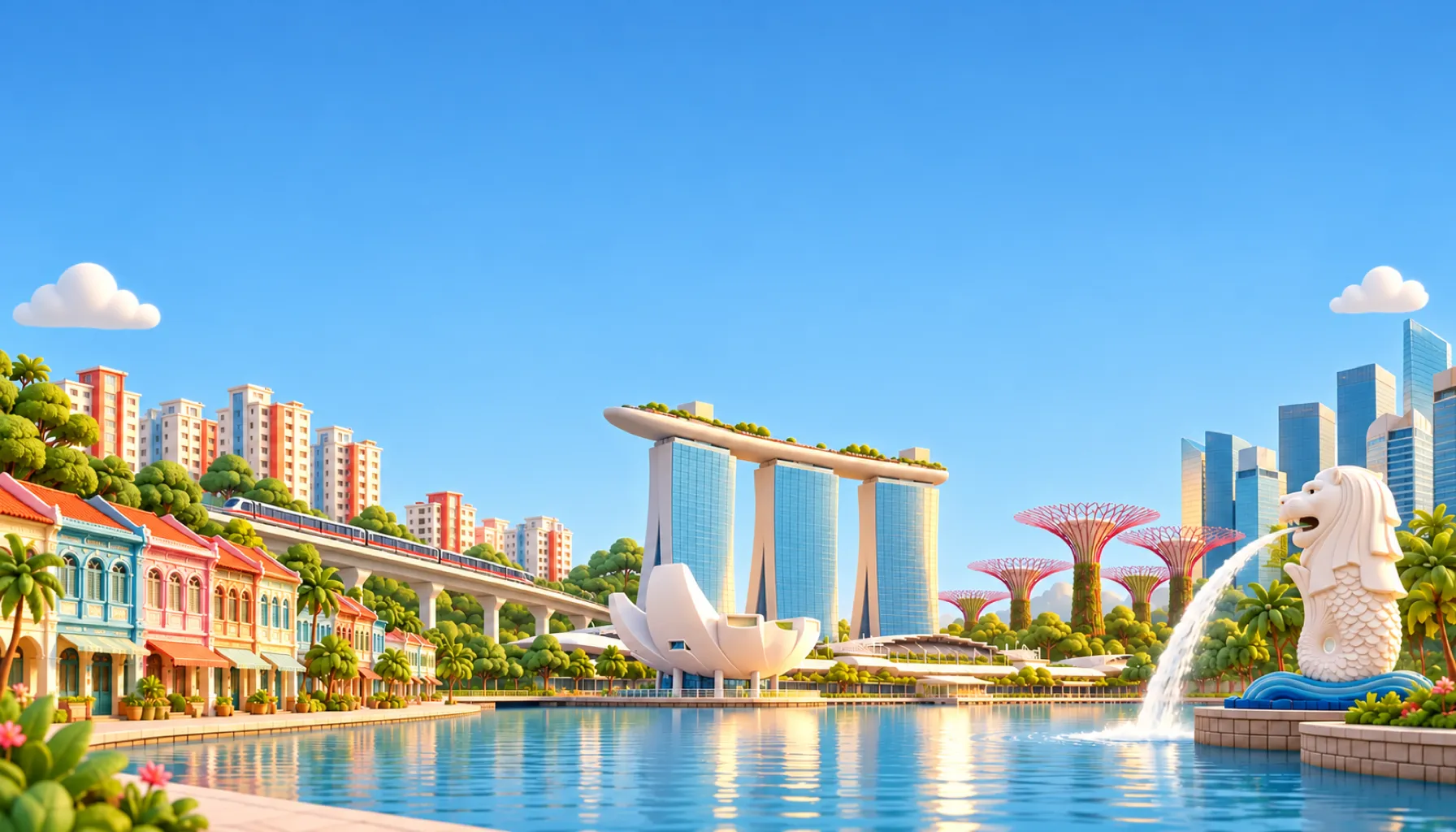 Illustrated Singapore skyline under a blue sky: shophouses, HDB blocks, Marina Bay Sands, Supertrees and the Merlion